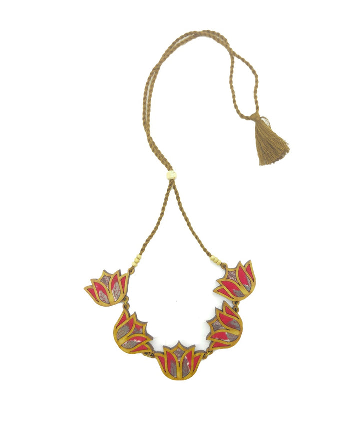 Handcrafted red lotus fabric and wood necklace