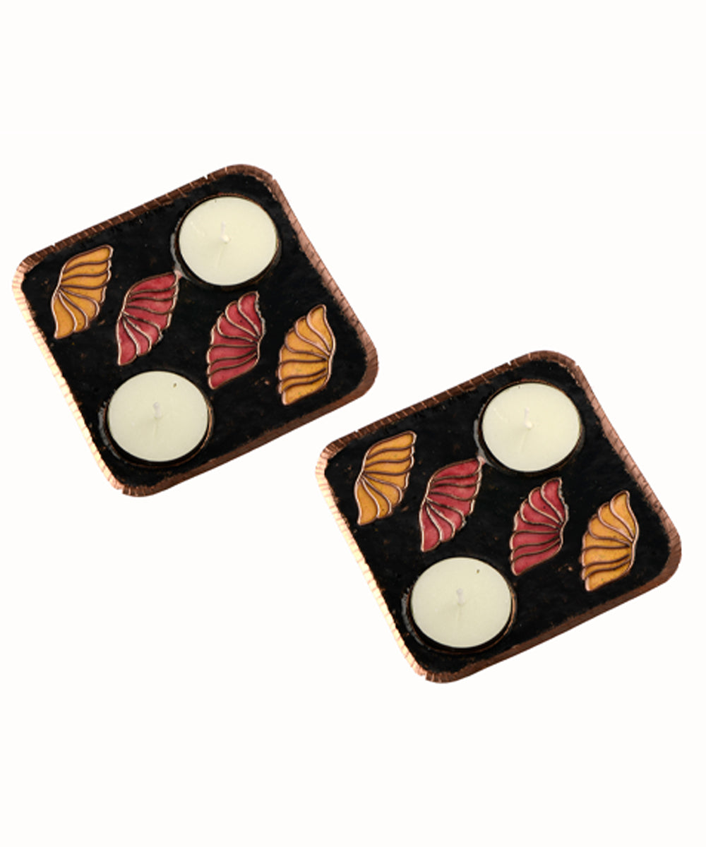 Black handcrafted enamel copper tealight holder set of 2