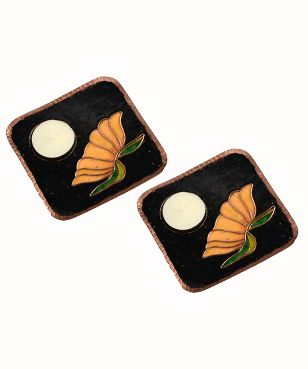 Black hand crafted enamel copper tealight holder set of 2