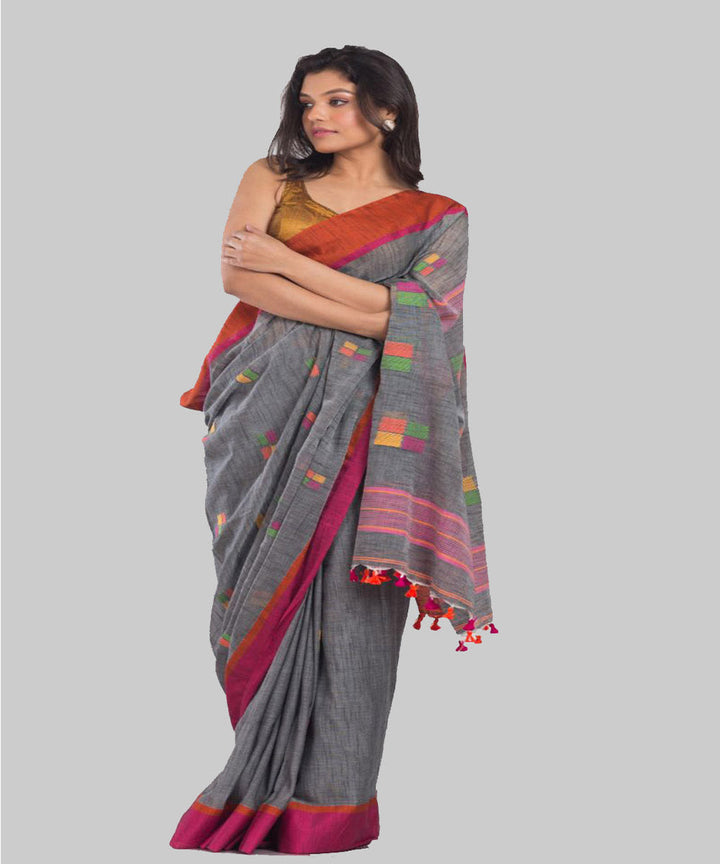 Grey orange handwoven bengal cotton jamdani saree