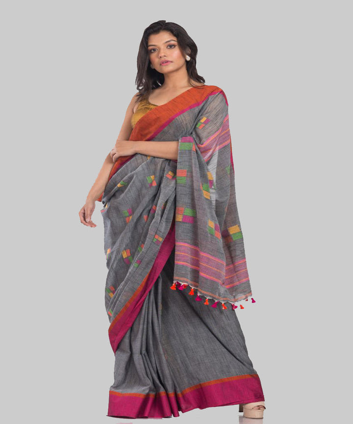 Grey orange handwoven bengal cotton jamdani saree
