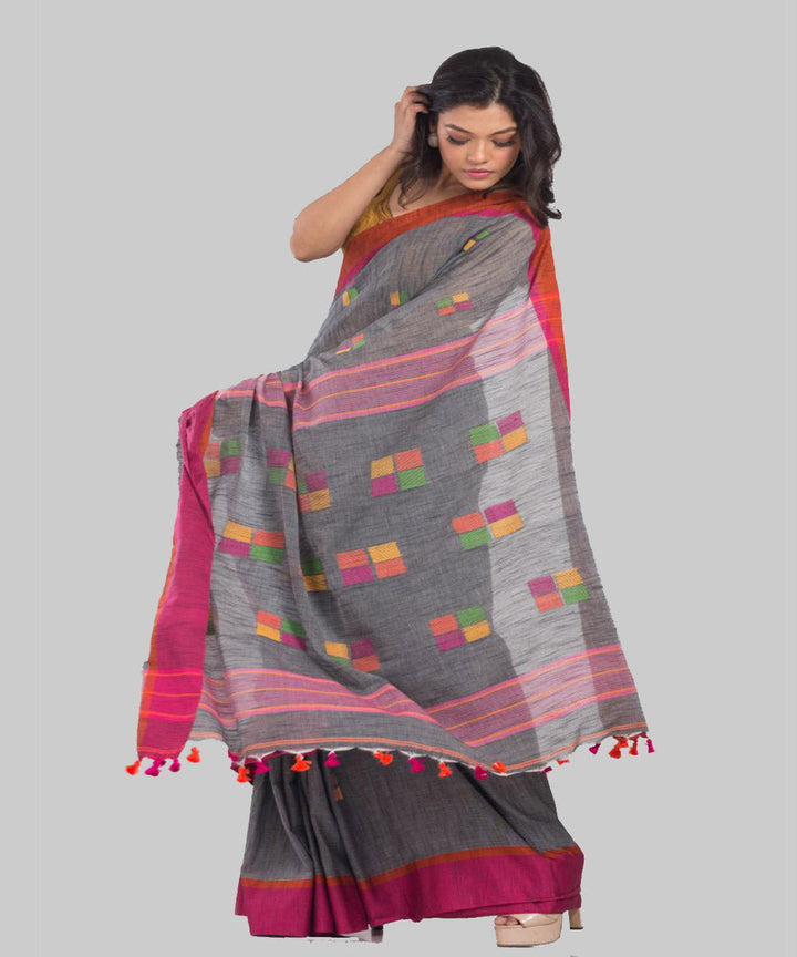 Grey orange handwoven bengal cotton jamdani saree