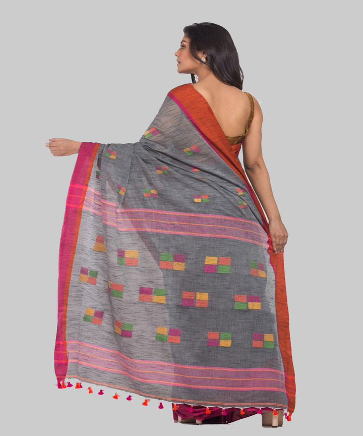 Grey orange handwoven bengal cotton jamdani saree