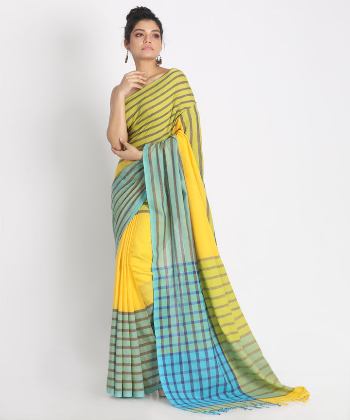 Yellow blue handwoven bengal cotton saree