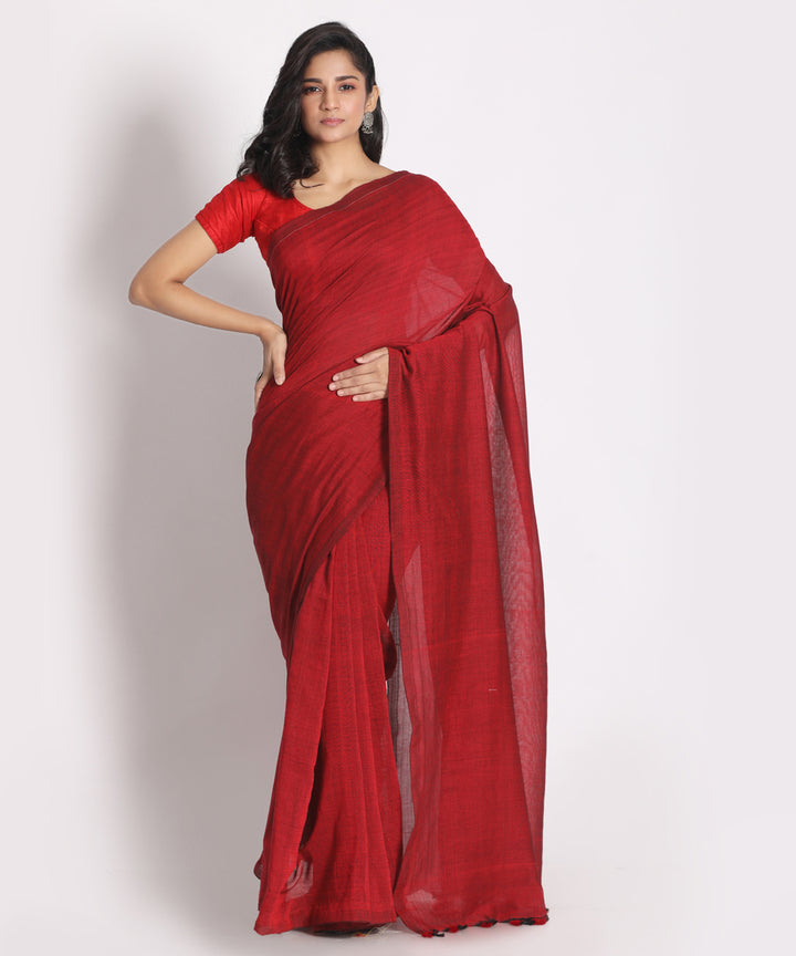 Red handspun handwoven cotton saree