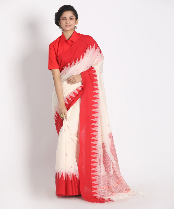 White red handspun handwoven cotton saree