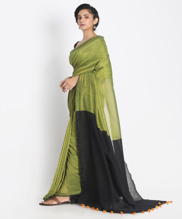 Light lime handspun handwoven cotton saree