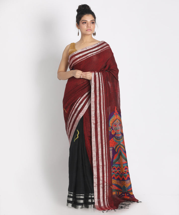 Maroon Black Handwoven Linen bengal saree