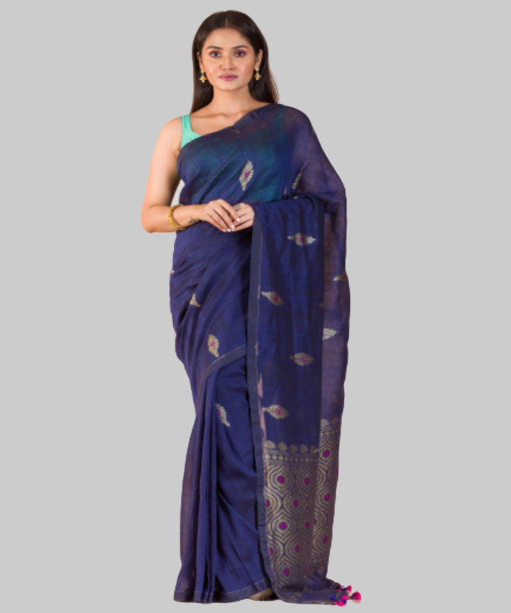 Berry blue handwoven bengal cotton and linen saree
