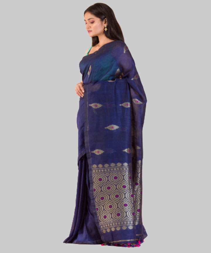 Berry blue handwoven bengal cotton and linen saree