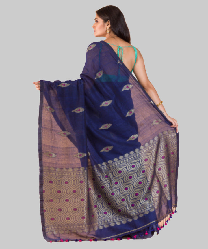 Berry blue handwoven bengal cotton and linen saree