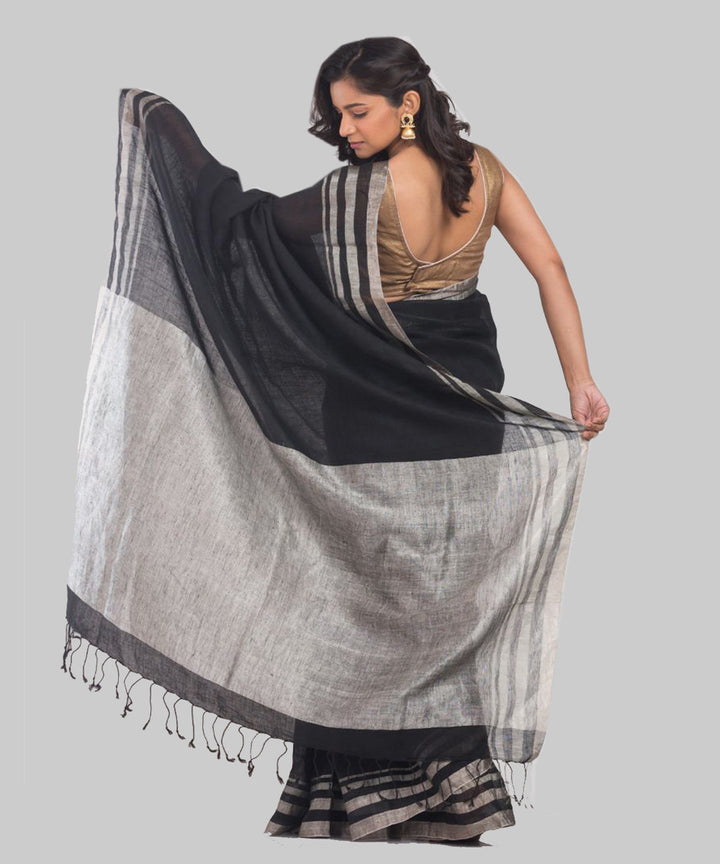 Black silver handwoven bengal linen saree