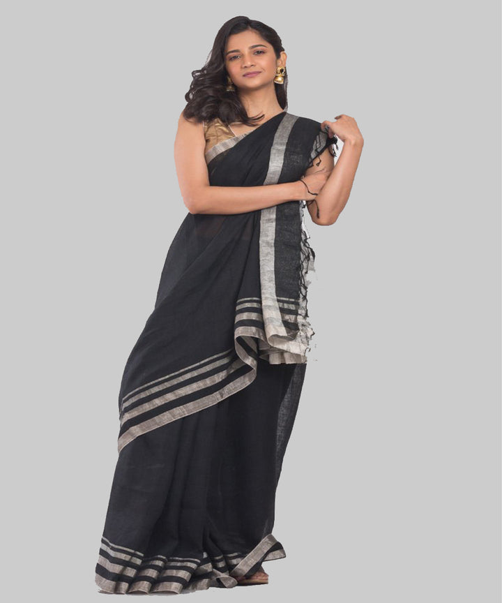 Black silver handwoven bengal linen saree