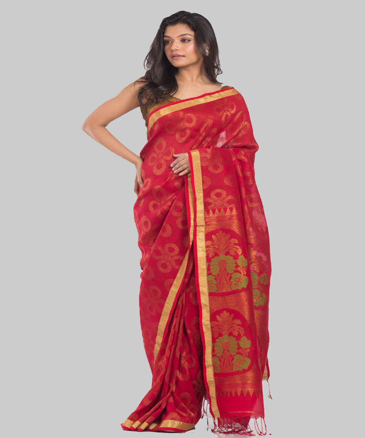 Maroon gold handwoven bengal linen saree