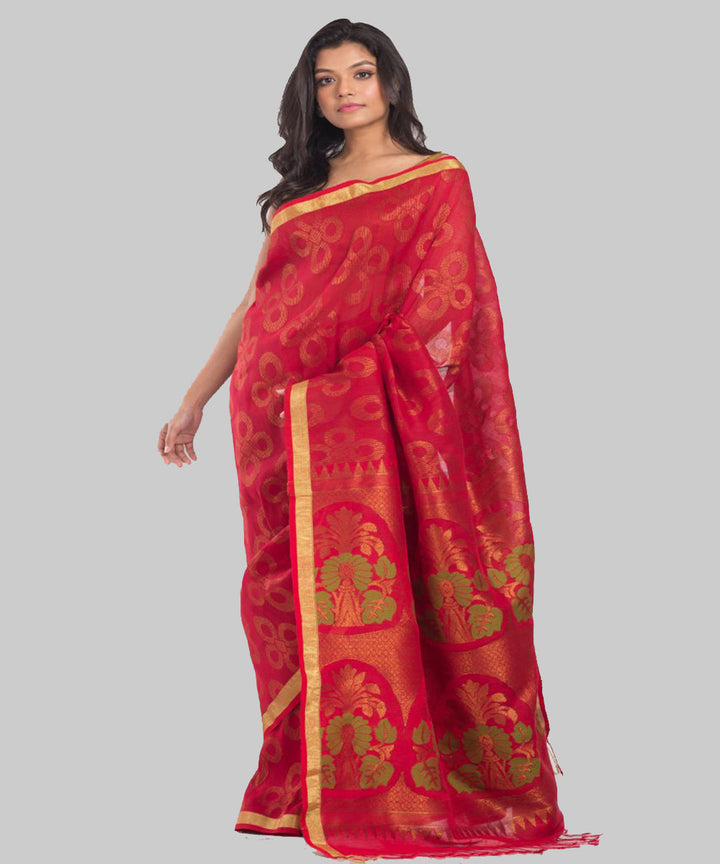 Maroon gold handwoven bengal linen saree