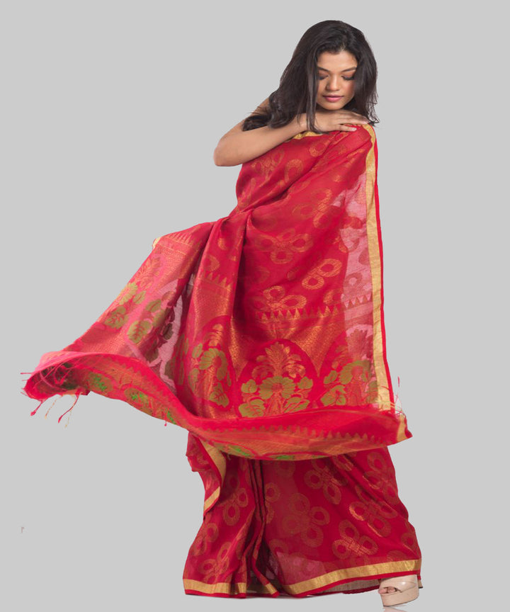 Maroon gold handwoven bengal linen saree