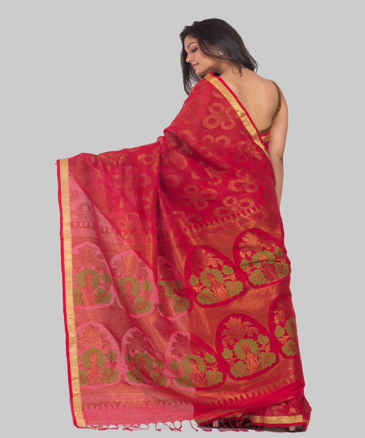 Maroon gold handwoven bengal linen saree