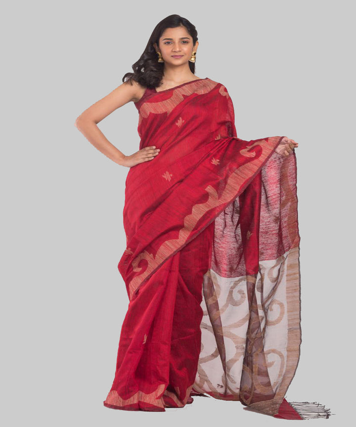 Maroon beige handwoven bengal silk jamdani saree
