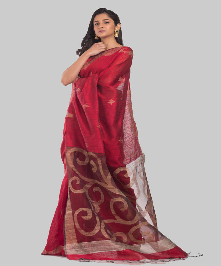 Maroon beige handwoven bengal silk jamdani saree