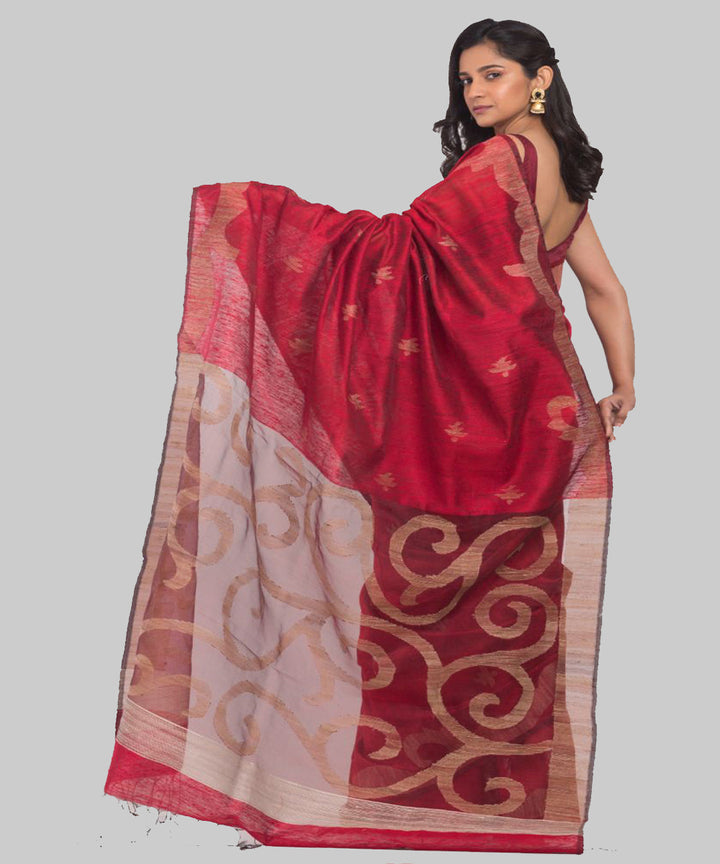 Maroon beige handwoven bengal silk jamdani saree