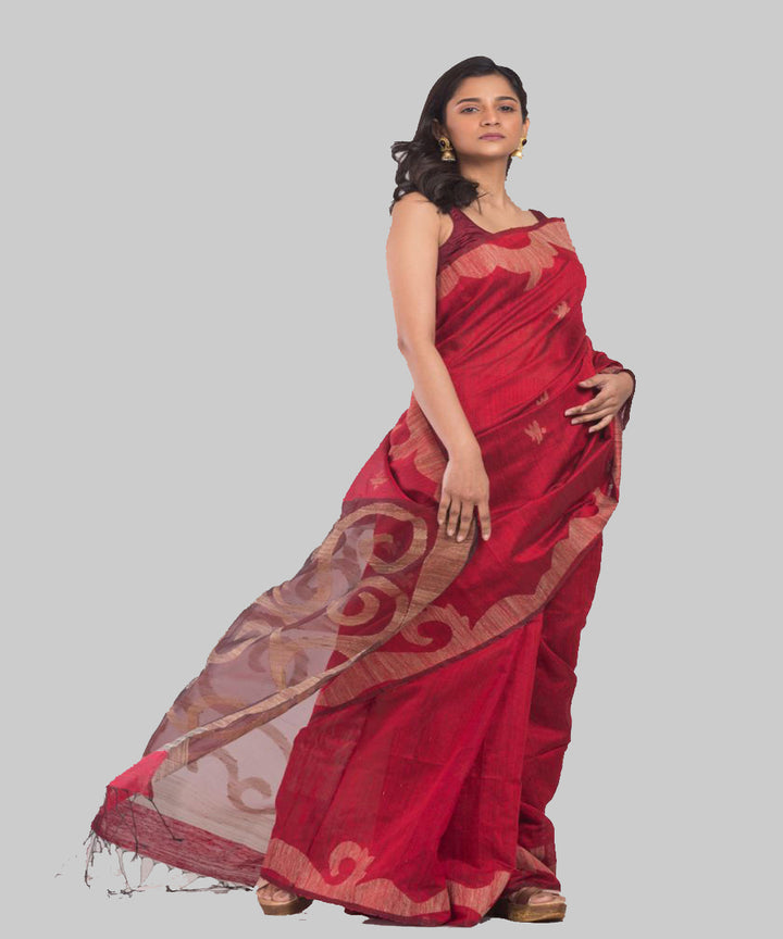 Maroon beige handwoven bengal silk jamdani saree