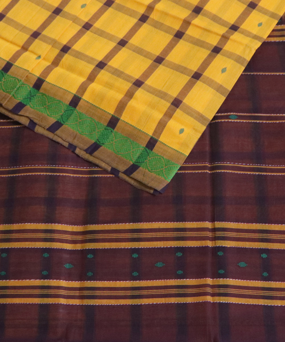 Yellow brown checks handwoven cotton rajahmundry saree