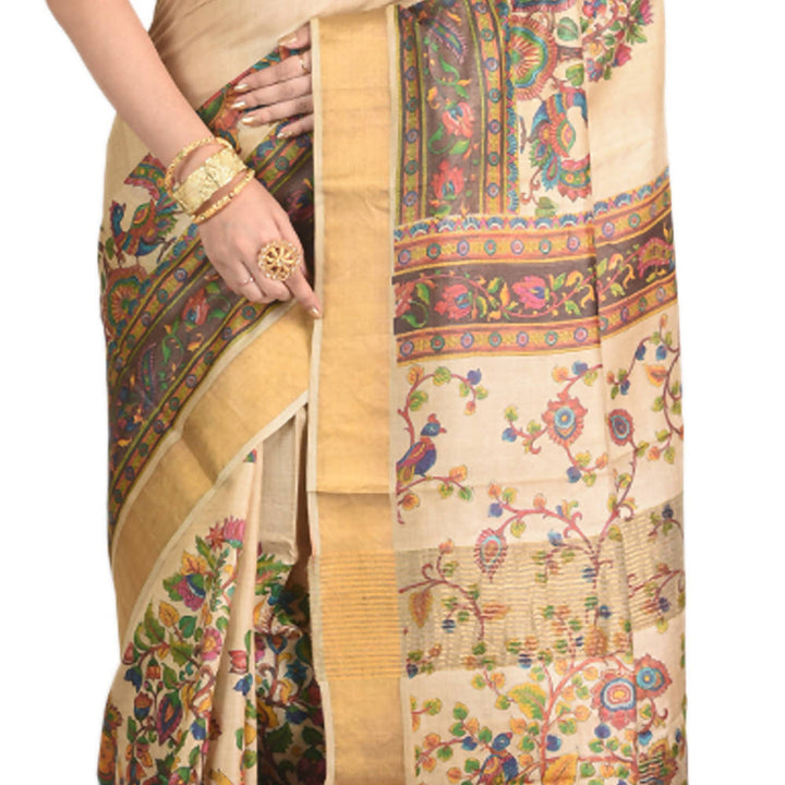 Tasar Natural Color hand block print handwoven mulberry and tussar silk saree