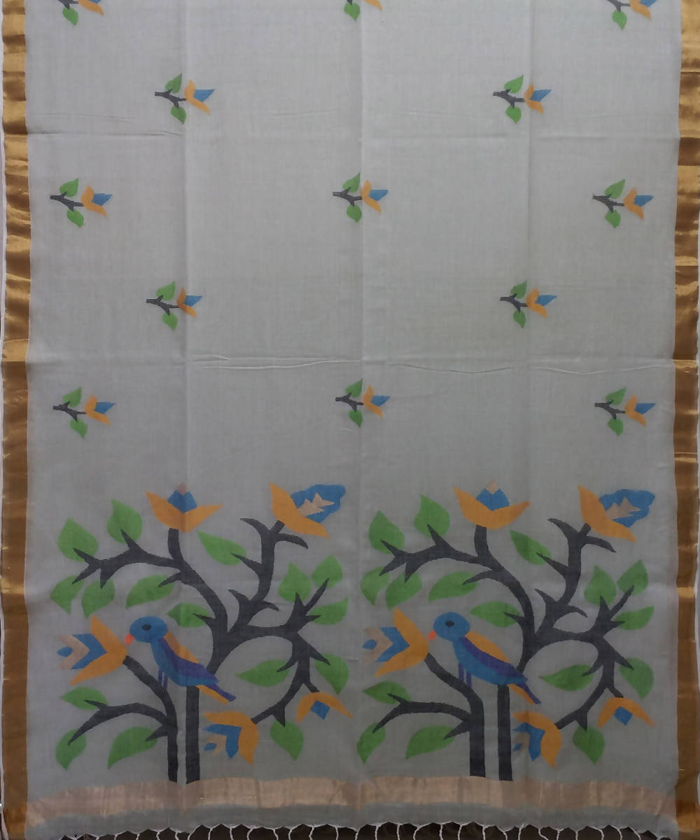 Light Grey Handloom Mulmul Cotton Bengal Jamdani Saree