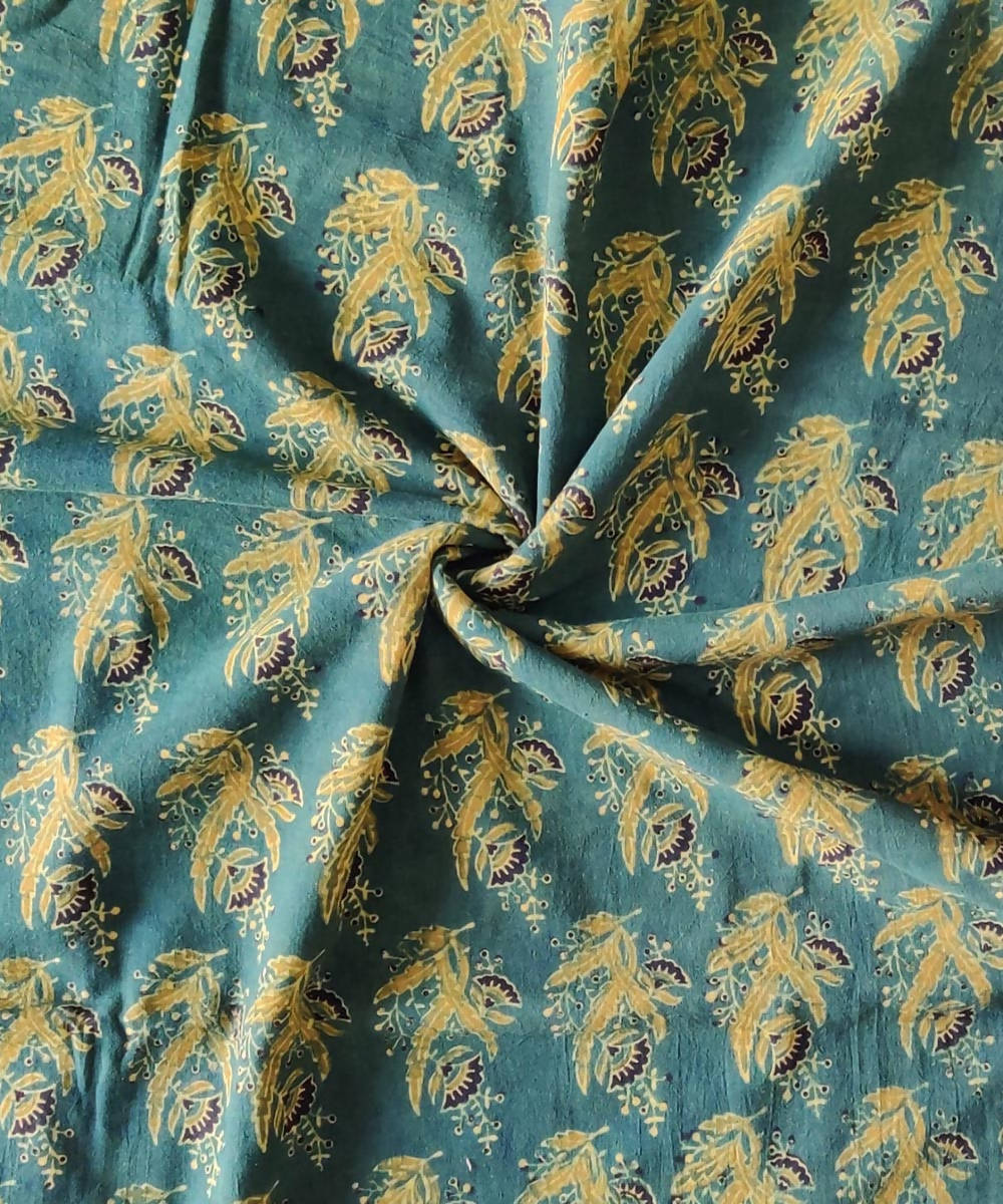 2.5m Green yellow natural dye handspun handwoven cotton ajrakh fabric