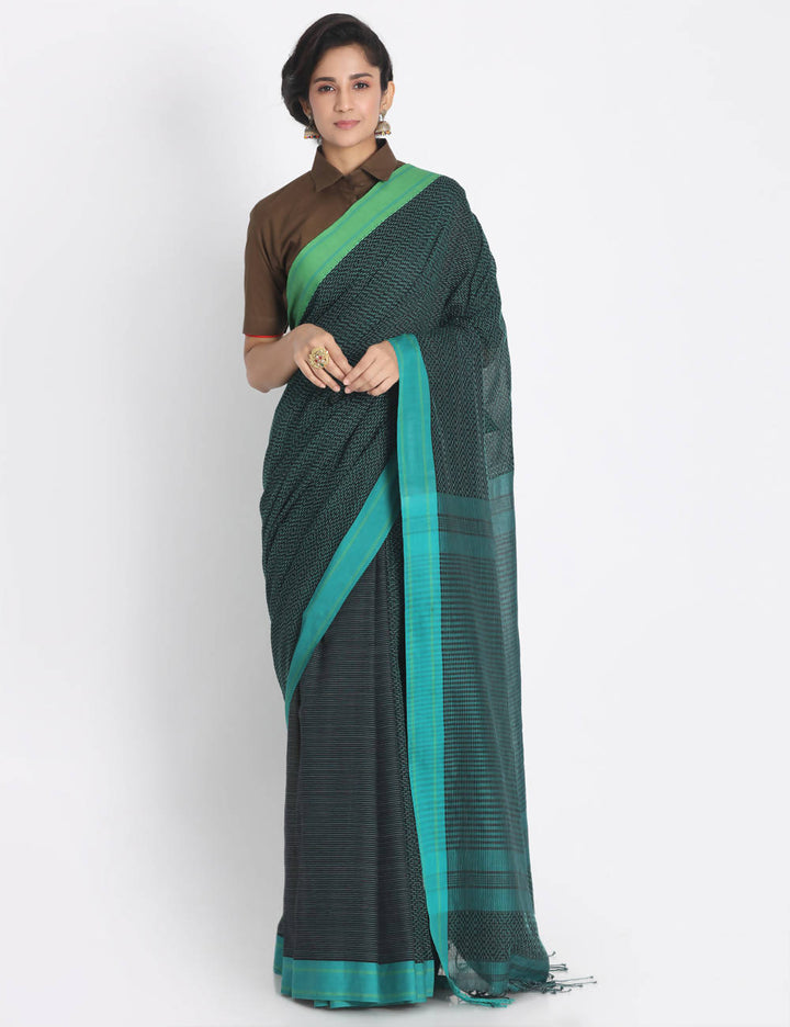 Green handspun handwoven cotton saree