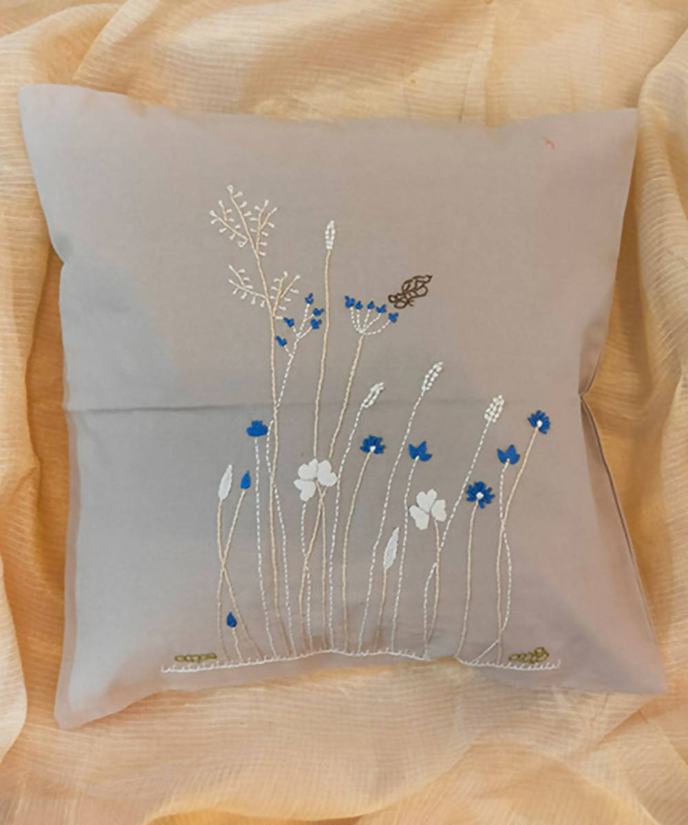 Grey hand embroidery floral cotton cushion cover