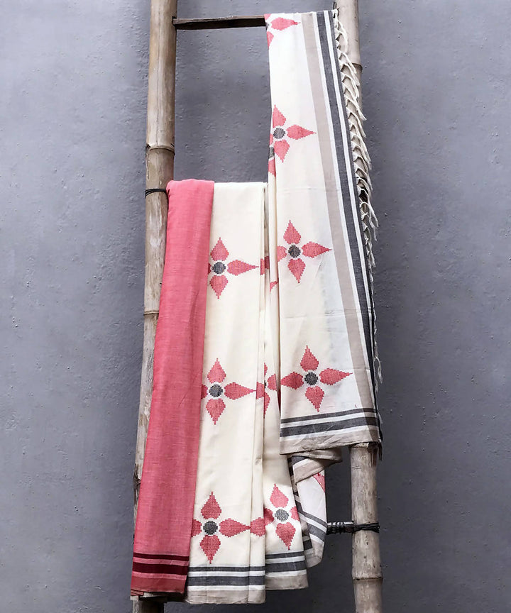 White red handwoven extra weft cotton saree