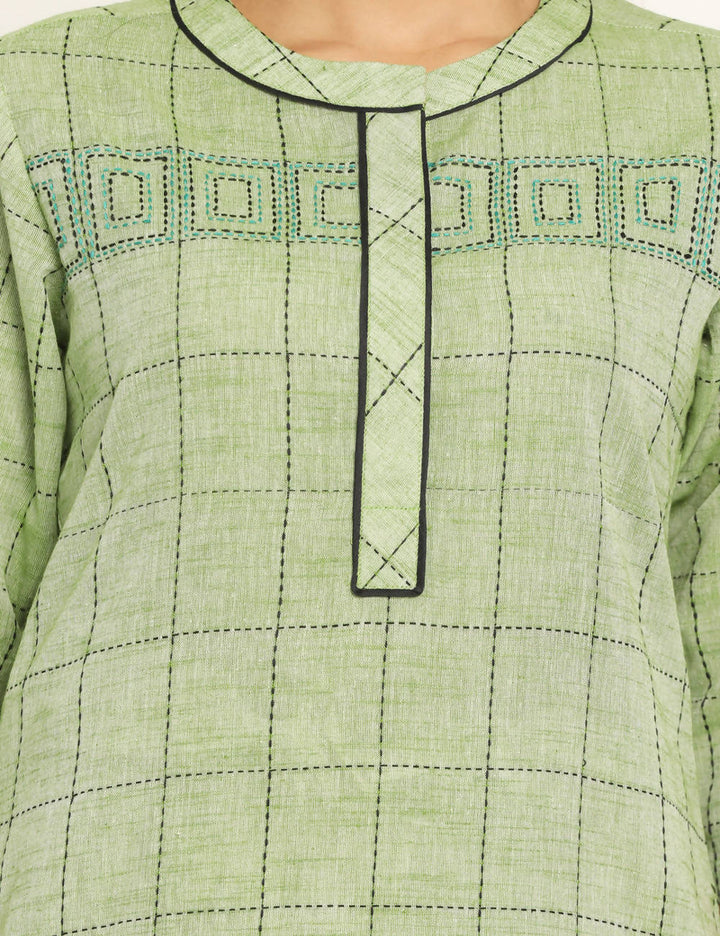 Green Checks Handwoven Cotton Kurta Dress
