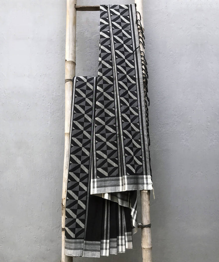 Black white handmade extra weft cotton saree