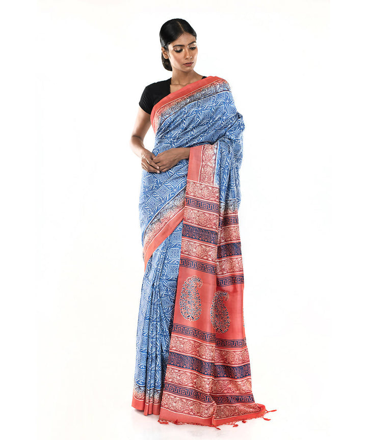 Blue peach hand block print bengal silk saree