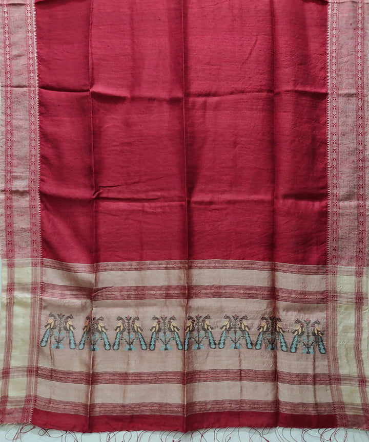 Maroon handwoven matka and tussar silk saree