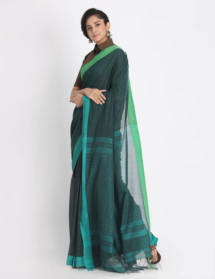Green handspun handwoven cotton saree