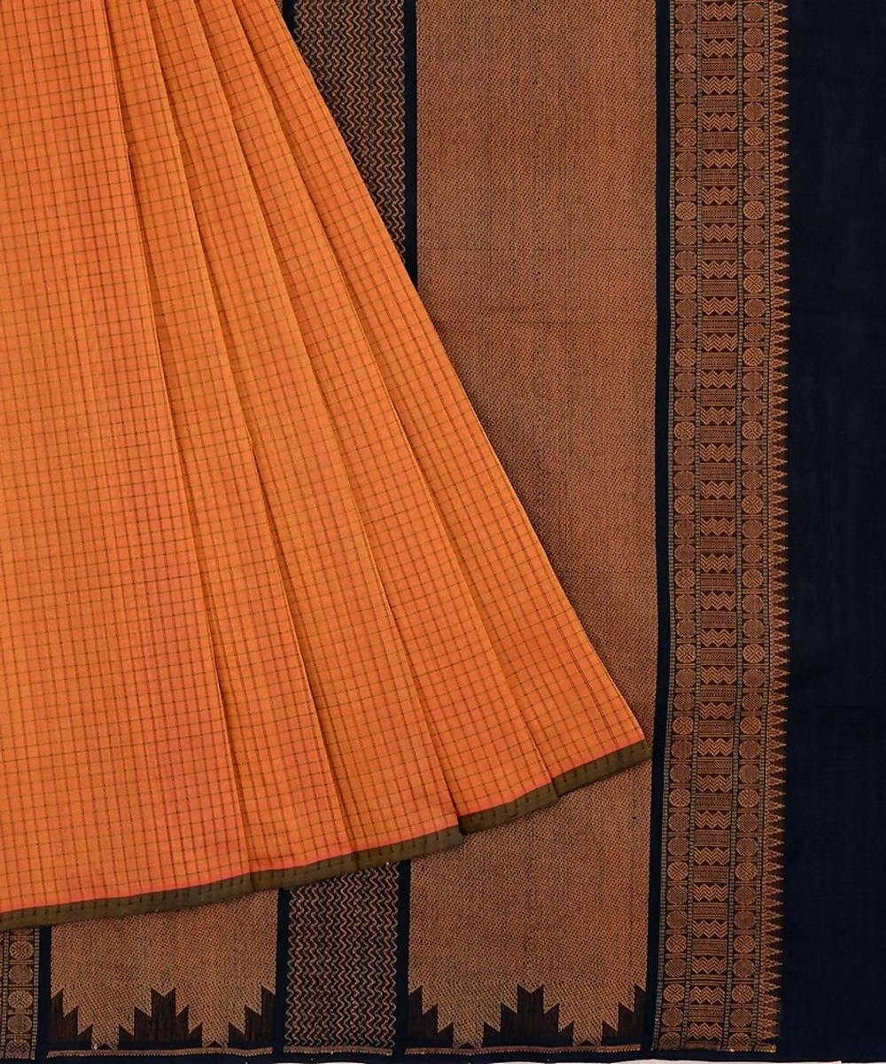 Orange shot kanchi silk cotton saree with checks and black pallu