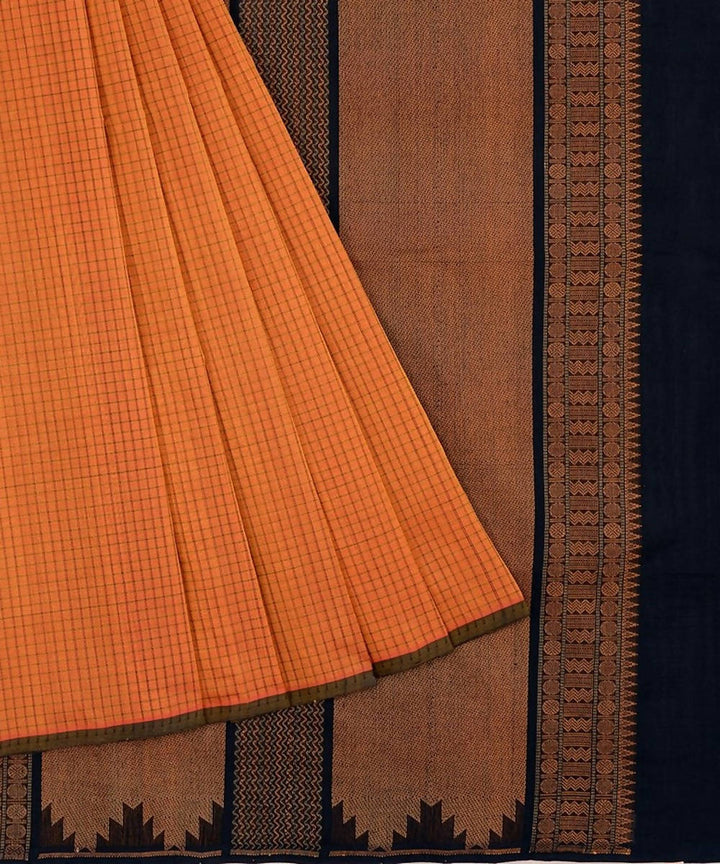 Orange shot kanchi silk cotton saree with checks and black pallu