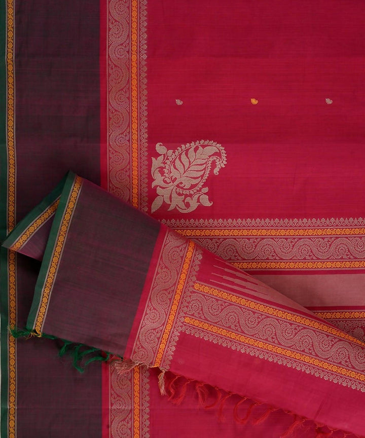 Pink handloom kanchi cotton mubbhagam saree with butties