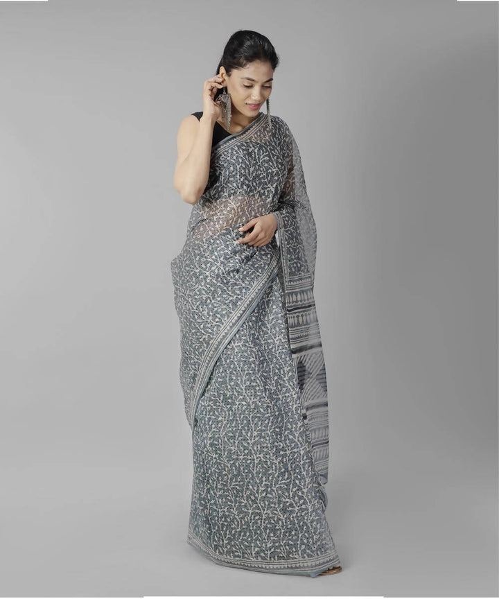Grey bagru handblock printed cotton saree