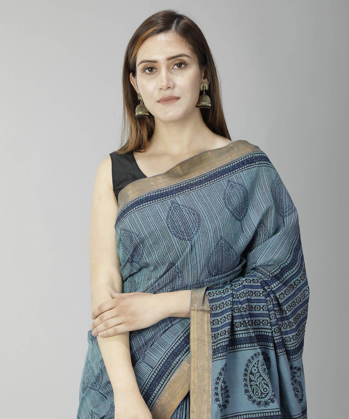Blue grey bagru handblock printed cotton saree