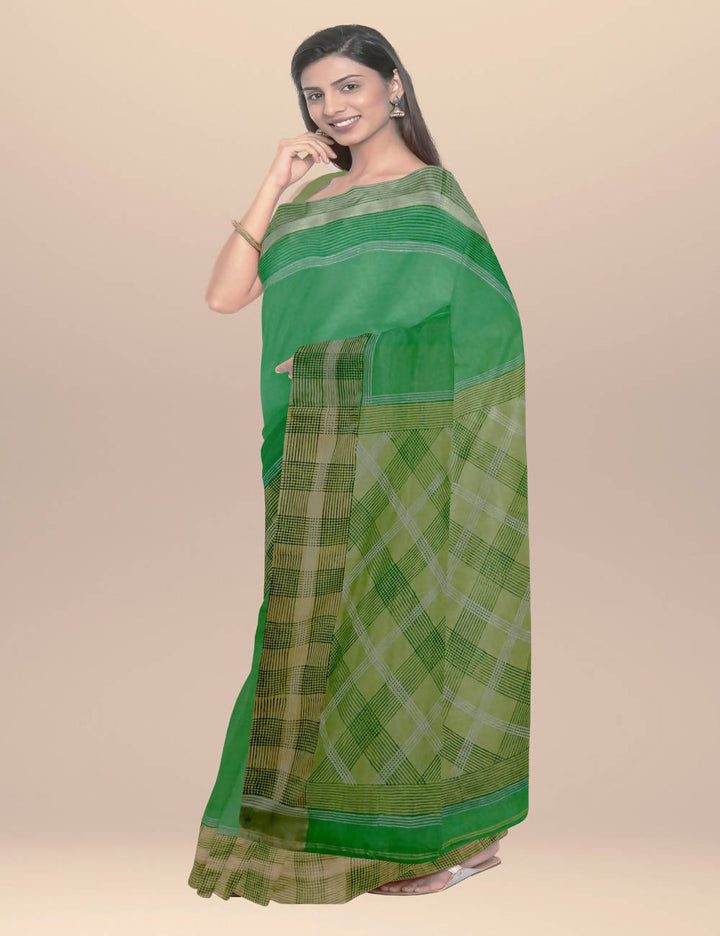 Green handwoven hand block printed cotton saree