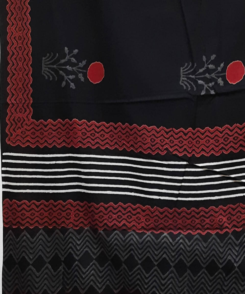 Black white red hand block printed cotton saree