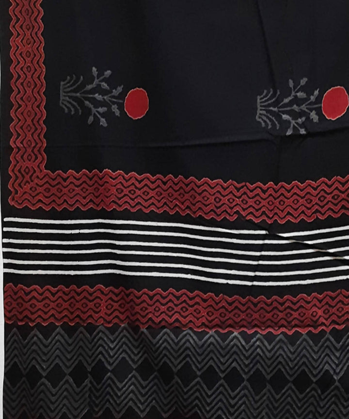Black white red hand block printed cotton saree