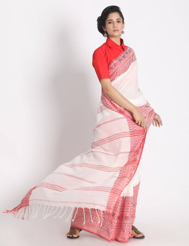 White red begampuri handspun handwoven cotton saree