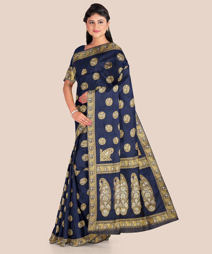 Dark navy blue handloom silk katan banarasi saree
