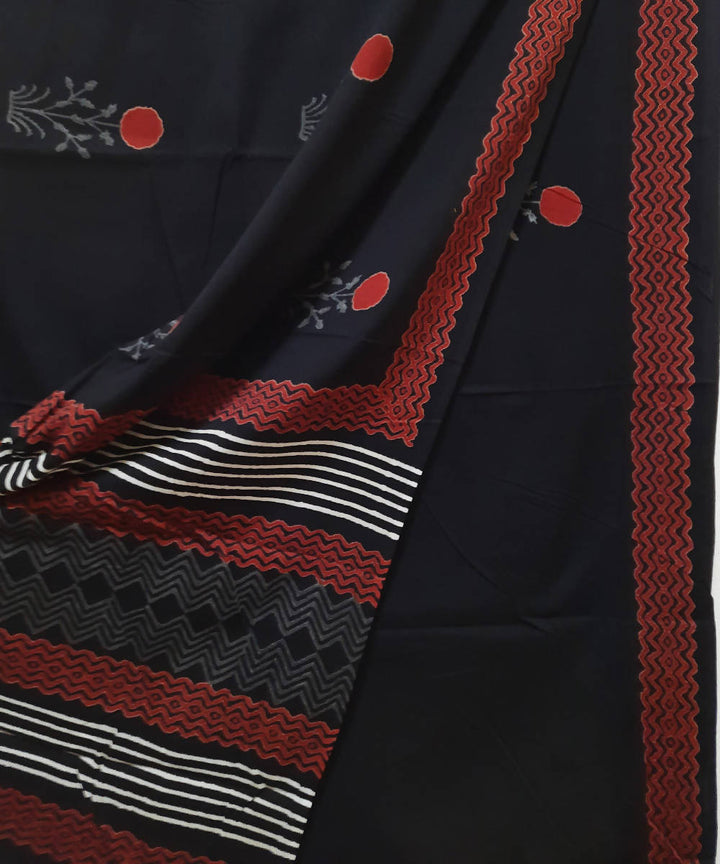 Black white red hand block printed cotton saree