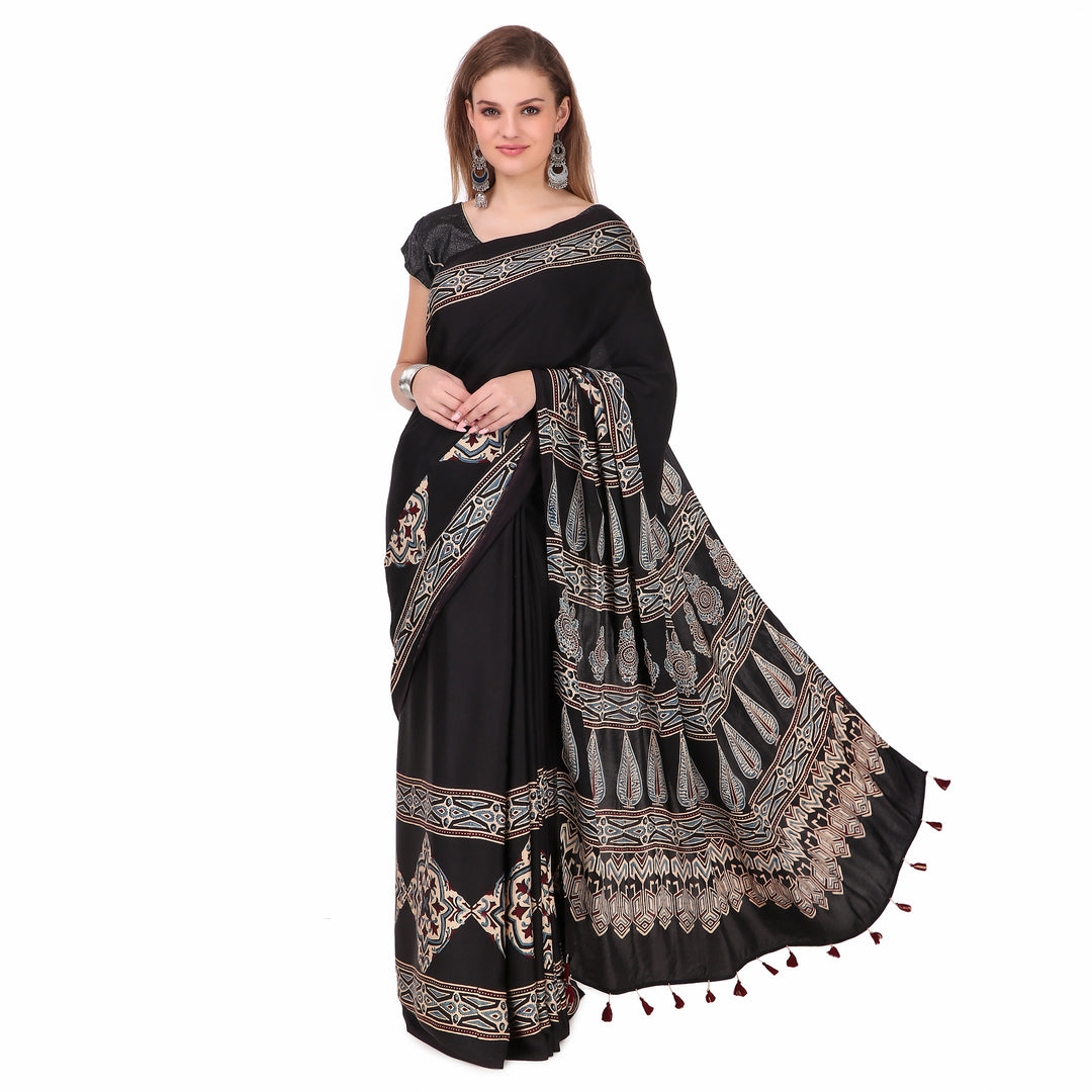 Black blue hand printed modal silk ajrakh saree