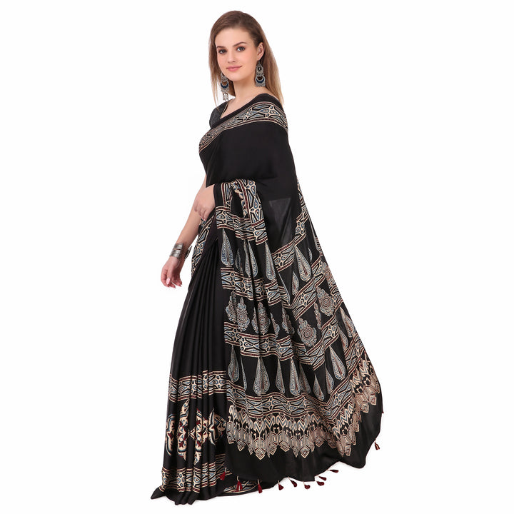 Black blue hand printed modal silk ajrakh saree